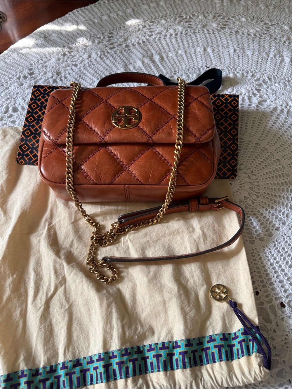 Tory Burch Quilted Leather Chain Crossbody - Chestnut Brown with Gold Hardware